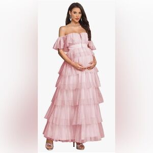 Off-Shoulder Pink Tiered Maxi Maternity Dress